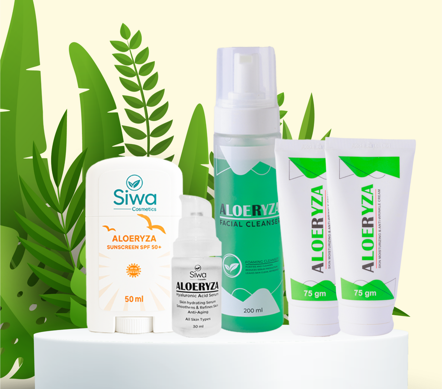 مجموعة العناية المتكاملة (صن سكرين+غسول+سيروم+مرطب بدون عطر+ مرطب بالعطر المميز)